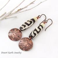 Copper Dangle Earrings with African Batik Bone Beads - Handmade Ethnic Boho Tribal Jewelry