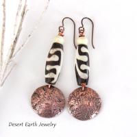 Copper Dangle Earrings with African Batik Bone Beads - Handmade Ethnic Boho Tribal Jewelry