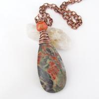 Rhyolite Jasper Pendant Necklace with Coral on Copper Chain - Earthy Wire Wrapped Stone Jewelry