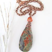 Rhyolite Jasper Pendant Necklace with Coral on Copper Chain - Earthy Wire Wrapped Stone Jewelry