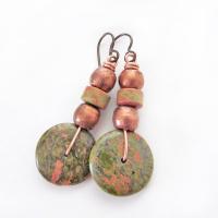 Unakite Gemstone Earrings with Copper Beads - Earthy Boho Style Natural Stone Jewelry