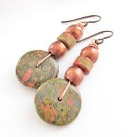 Unakite Gemstone Earrings with Copper Beads - Earthy Boho Style Natural Stone Jewelry