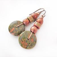 Unakite Gemstone Earrings with Copper Beads - Earthy Boho Style Natural Stone Jewelry