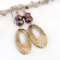 Hammered Gold Brass Oval Dangle Earrings with Bronze Pearls