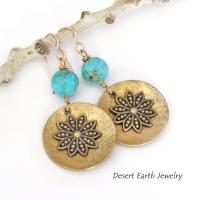 Gold Brass Dangle Earrings with Blue Turquoise Beads & Flower Charms - Gifts for Nature Lovers