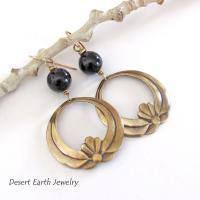 Gold Brass Lotus Dangle Earrings with Black Onyx Gemstones