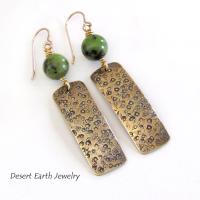 Hand Stamped Gold Brass Rectangle Earrings with Green Jade Gemstones - Artisan Handmade Metalwork Jewelry