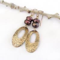 Hammered Gold Brass Oval Dangle Earrings with Bronze Pearls