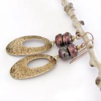 Hammered Gold Brass Oval Dangle Earrings with Bronze Pearls