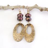 Hammered Gold Brass Oval Dangle Earrings with Bronze Pearls