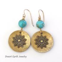 Gold Brass Dangle Earrings with Blue Turquoise Beads & Flower Charms - Gifts for Nature Lovers