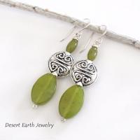 Green Serpentine Earrings with Pewter Beads on Sterling Silver Ear Wires - Artisan Handmade Stone Jewelry