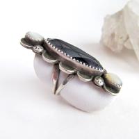 Vintage Southwestern Sterling Silver Ring with Faceted Hematite & Mother of Pearl 