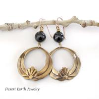 Gold Brass Lotus Dangle Earrings with Black Onyx Gemstones