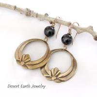 Gold Brass Lotus Dangle Earrings with Black Onyx Gemstones