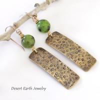 Hand Stamped Gold Brass Rectangle Earrings with Green Jade Gemstones - Artisan Handmade Metalwork Jewelry