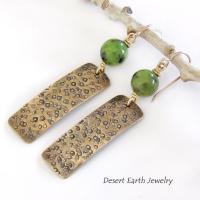 Hand Stamped Gold Brass Rectangle Earrings with Green Jade Gemstones - Artisan Handmade Metalwork Jewelry