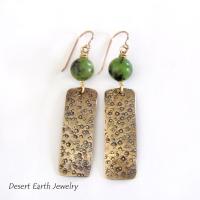 Hand Stamped Gold Brass Rectangle Earrings with Green Jade Gemstones - Artisan Handmade Metalwork Jewelry