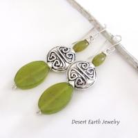 Green Serpentine Earrings with Pewter Beads on Sterling Silver Ear Wires - Artisan Handmade Stone Jewelry