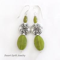 Green Serpentine Earrings with Pewter Beads on Sterling Silver Ear Wires - Artisan Handmade Stone Jewelry