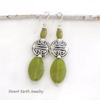 Green Serpentine Earrings with Pewter Beads on Sterling Silver Ear Wires - Artisan Handmade Stone Jewelry