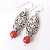 Moroccan Boho Silver Earrings with Red Jasper Gemstones - Ethnic Style Bohemian Jewelry