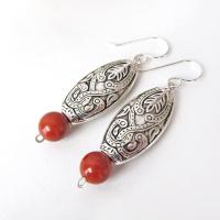 Moroccan Boho Silver Earrings with Red Jasper Gemstones - Ethnic Style Bohemian Jewelry