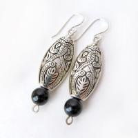 Bohemian Moroccan Silver Dangle Earrings with Black Onyx Gemstones