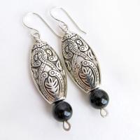 Bohemian Moroccan Silver Dangle Earrings with Black Onyx Gemstones