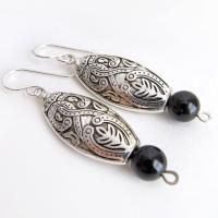 Bohemian Moroccan Silver Dangle Earrings with Black Onyx Gemstones