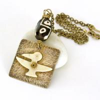 Hammered Gold Brass Ethnic Tribal Necklace with African Carved Bone Bird