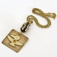 Hammered Gold Brass Ethnic Tribal Necklace with African Carved Bone Bird