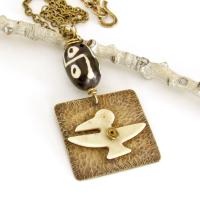 Hammered Gold Brass Ethnic Tribal Necklace with African Carved Bone Bird