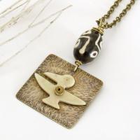 Hammered Gold Brass Ethnic Tribal Necklace with African Carved Bone Bird