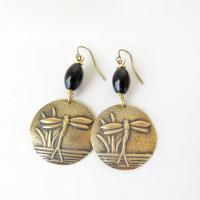 Gold Brass Dragonfly Earrings with Black Beads - Earthy Nature Jewelry Gifts