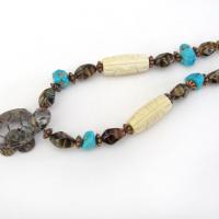 Tiger's Eye Turtle Necklace with Turquoise & Carved Bone - Multi Stone Beaded Statement Necklace