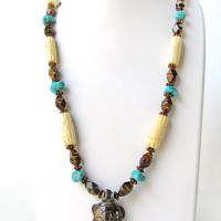 Tiger's Eye Turtle Necklace with Turquoise & Carved Bone - Multi Stone Beaded Statement Necklace