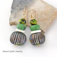 Carved African Clay Earrings with Green Serpentine Gemstones - Earthy Boho Style Handmade Jewelry