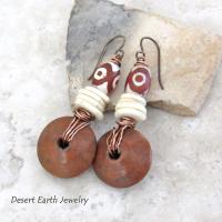 Etched Tibetan Agate Stone Earrings with Copper Wire Wrapped Brown Wood Dangles