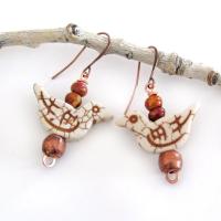 Bird Earrings with Jasper Stones & Copper Beads - Cute Whimsical Jewelry Gifts for Birdwatchers & Bird Lovers
