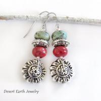 Silver Flower Earrings with African Turquoise & Red Coral - Boho Style Nature Jewelry