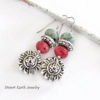 Silver Flower Earrings with African Turquoise & Red Coral - Boho Style Nature Jewelry