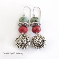 Silver Flower Earrings with African Turquoise & Red Coral - Boho Style Nature Jewelry