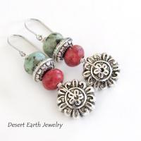 Silver Flower Earrings with African Turquoise & Red Coral - Boho Style Nature Jewelry