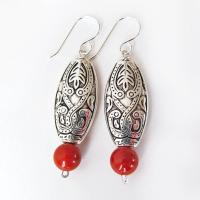 Moroccan Boho Silver Earrings with Red Jasper Gemstones - Ethnic Style Bohemian Jewelry