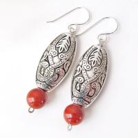 Moroccan Boho Silver Earrings with Red Jasper Gemstones - Ethnic Style Bohemian Jewelry