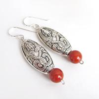 Moroccan Boho Silver Earrings with Red Jasper Gemstones - Ethnic Style Bohemian Jewelry