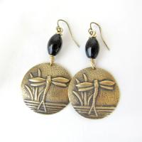 Gold Brass Dragonfly Earrings with Black Beads - Earthy Nature Jewelry Gifts