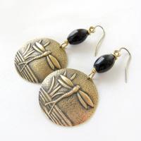 Gold Brass Dragonfly Earrings with Black Beads - Earthy Nature Jewelry Gifts