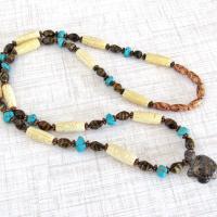 Tiger's Eye Turtle Necklace with Turquoise & Carved Bone - Multi Stone Beaded Statement Necklace